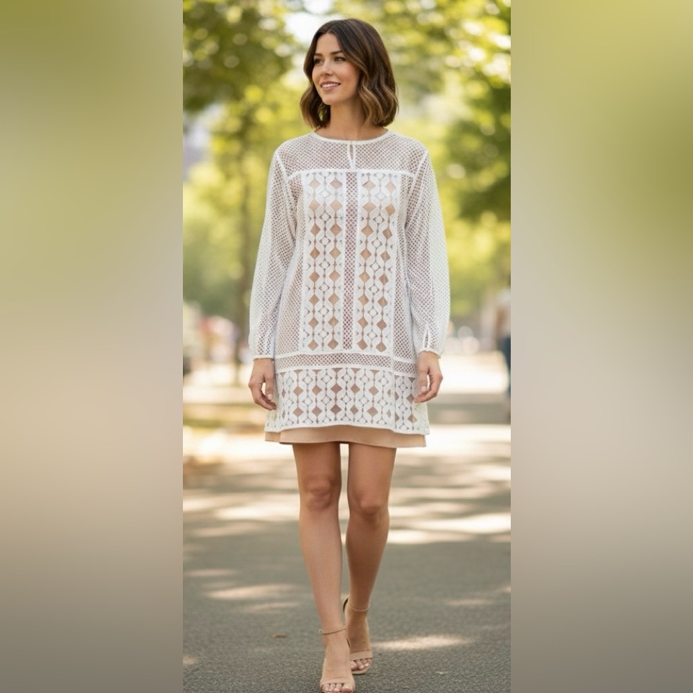 BCBG ivory 2-piece gorgeous dress set.Straight style, laced shell, solid slip, S